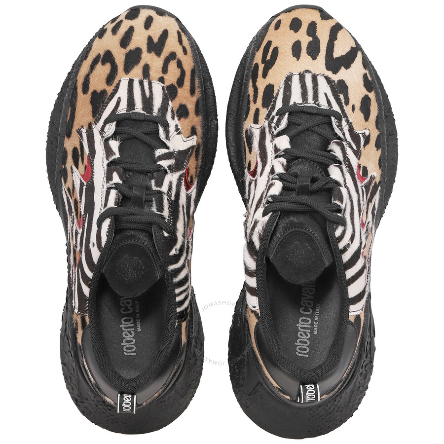 Roberto Cavalli Men's Leopard Black White V1per Leopard-Print Sneakers