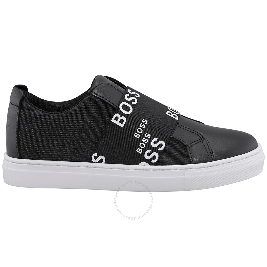 Hugo Boss Kids Black Multi Logo Elastic Strap Low-top Leather Trainers