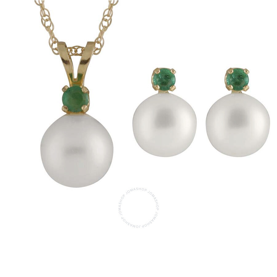 Bella Pearl 14K Gold Sliding Freshwater Pearl and Emerald Pendant and Earring Set