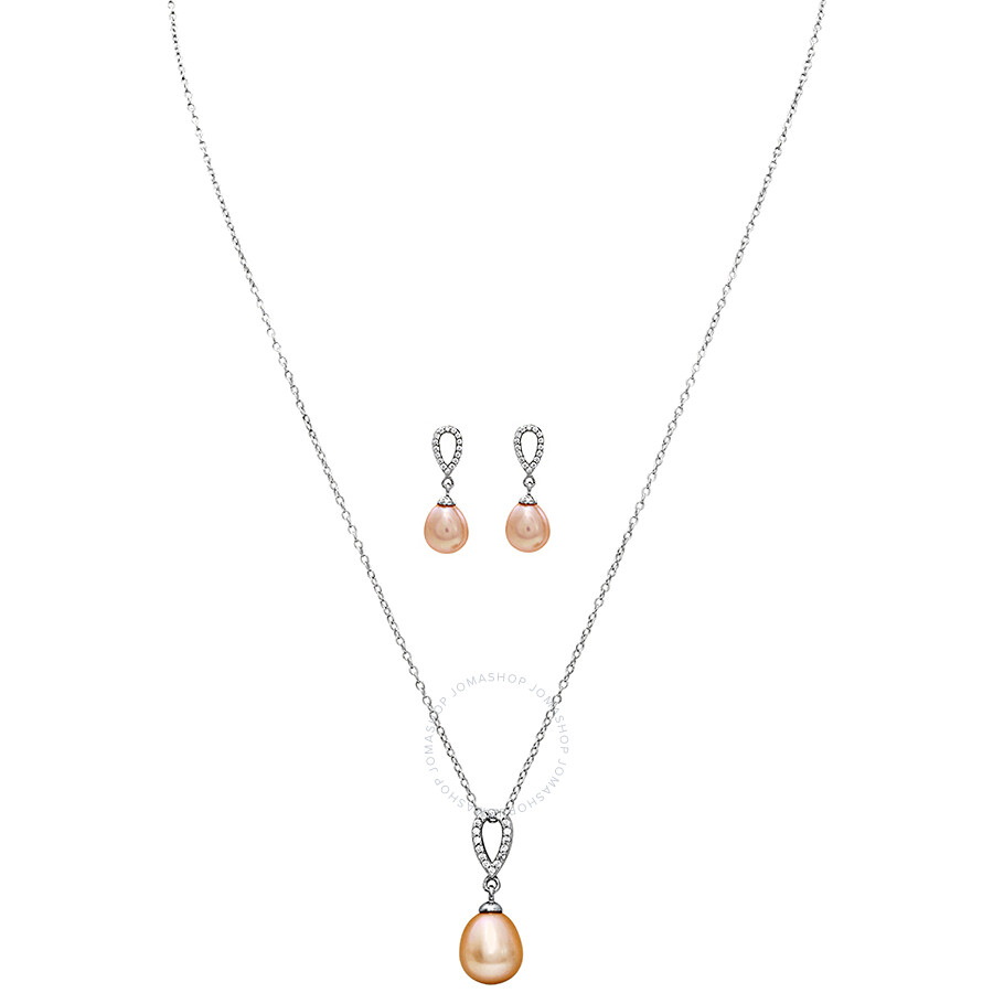 Bella Pearl Sterling Silver Pink Drop Pearl Earring and Necklace Set NESR-36PI