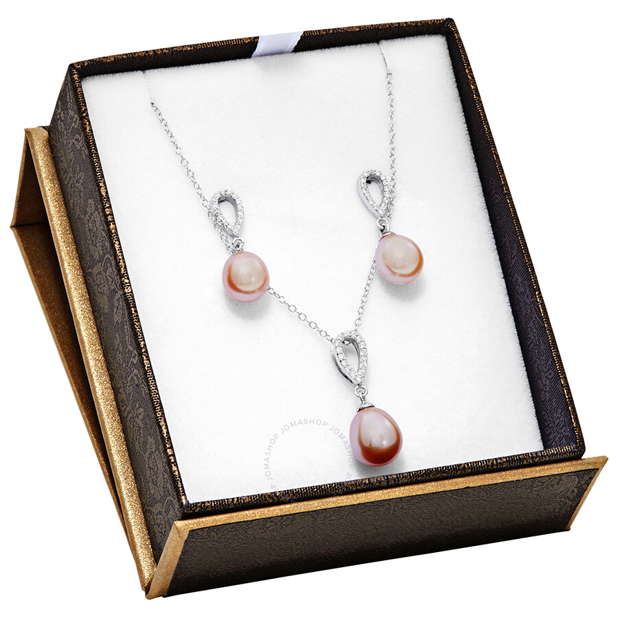 Bella Pearl Sterling Silver Pink Drop Pearl Earring and Necklace Set NESR-36PI