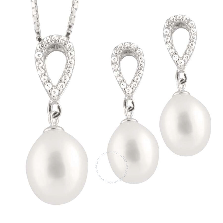 Bella Pearl Sterling Silver White Drop Pearl Earring and Necklace Set NESR-36W