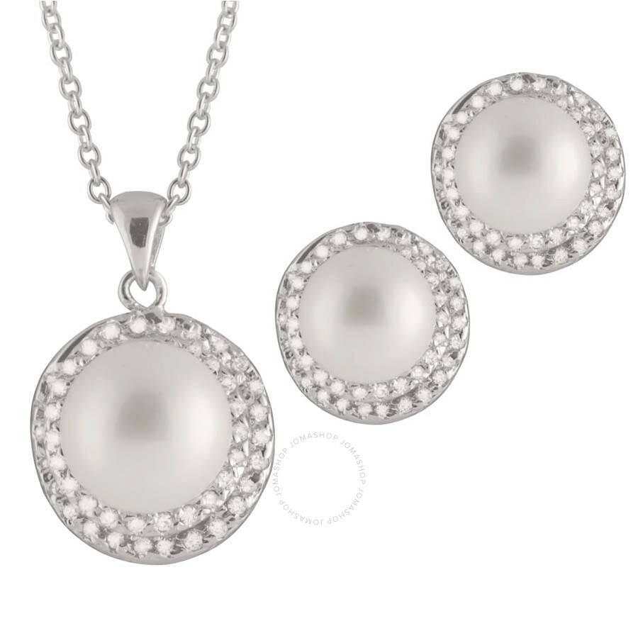 Bella Pearl Sterling Silver White Pearl Earring and Necklace Set NESR-117W