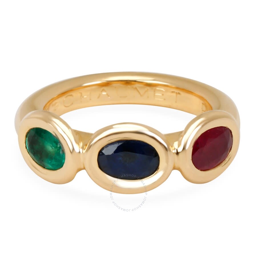 Pre-Owned Chaumet Three Stone Sapphire, Emerald & Ruby Gemstone Ring in 18K Yellow Gold