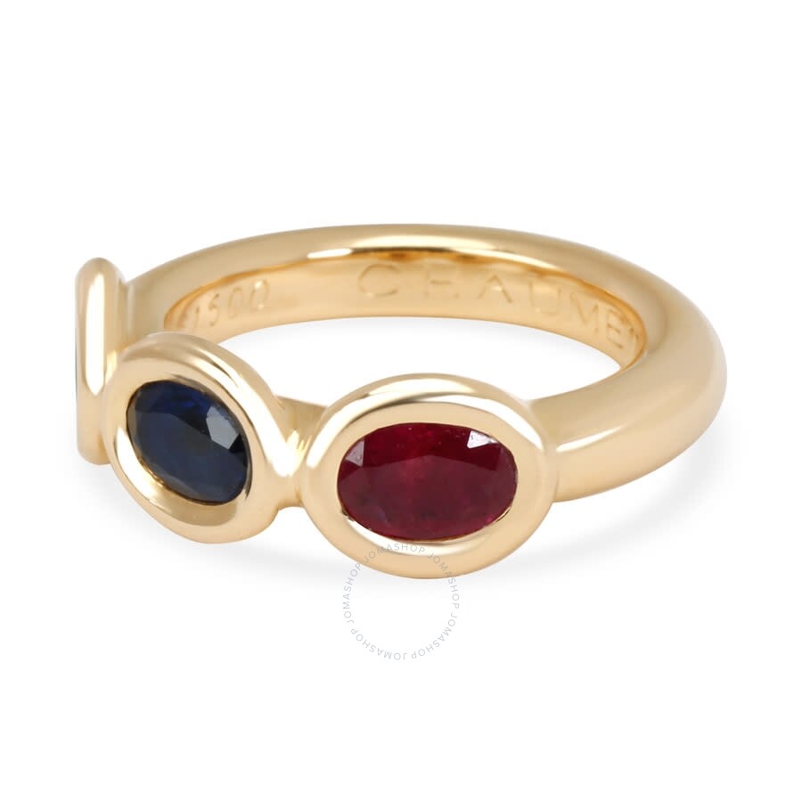 Pre-Owned Chaumet Three Stone Sapphire, Emerald & Ruby Gemstone Ring in 18K Yellow Gold