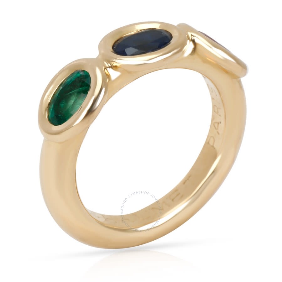 Pre-Owned Chaumet Three Stone Sapphire, Emerald & Ruby Gemstone Ring in 18K Yellow Gold