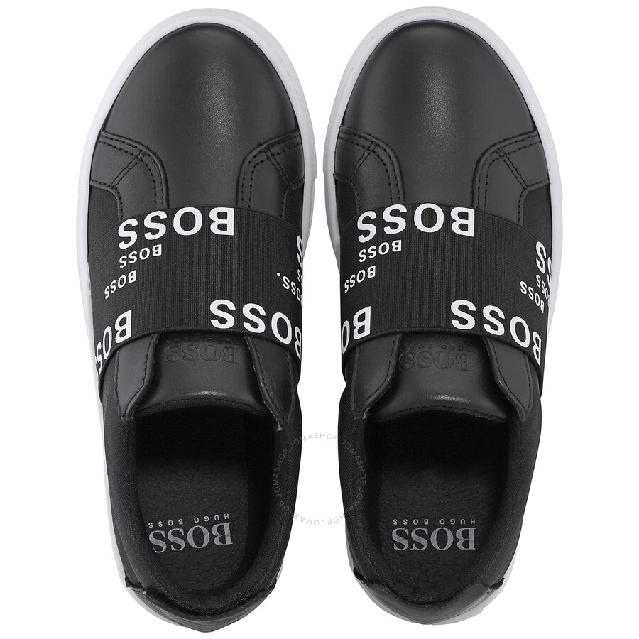 Hugo Boss Kids Black Multi Logo Elastic Strap Low-top Leather Trainers