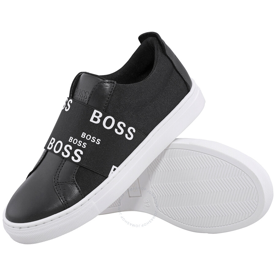 Hugo Boss Kids Black Multi Logo Elastic Strap Low-top Leather Trainers