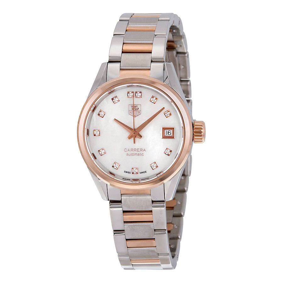 Tag Heuer Carrera Mother of Pearl Diamond Steel and 18kt Rose Gold Ladies Watch WAR2452.BD0777