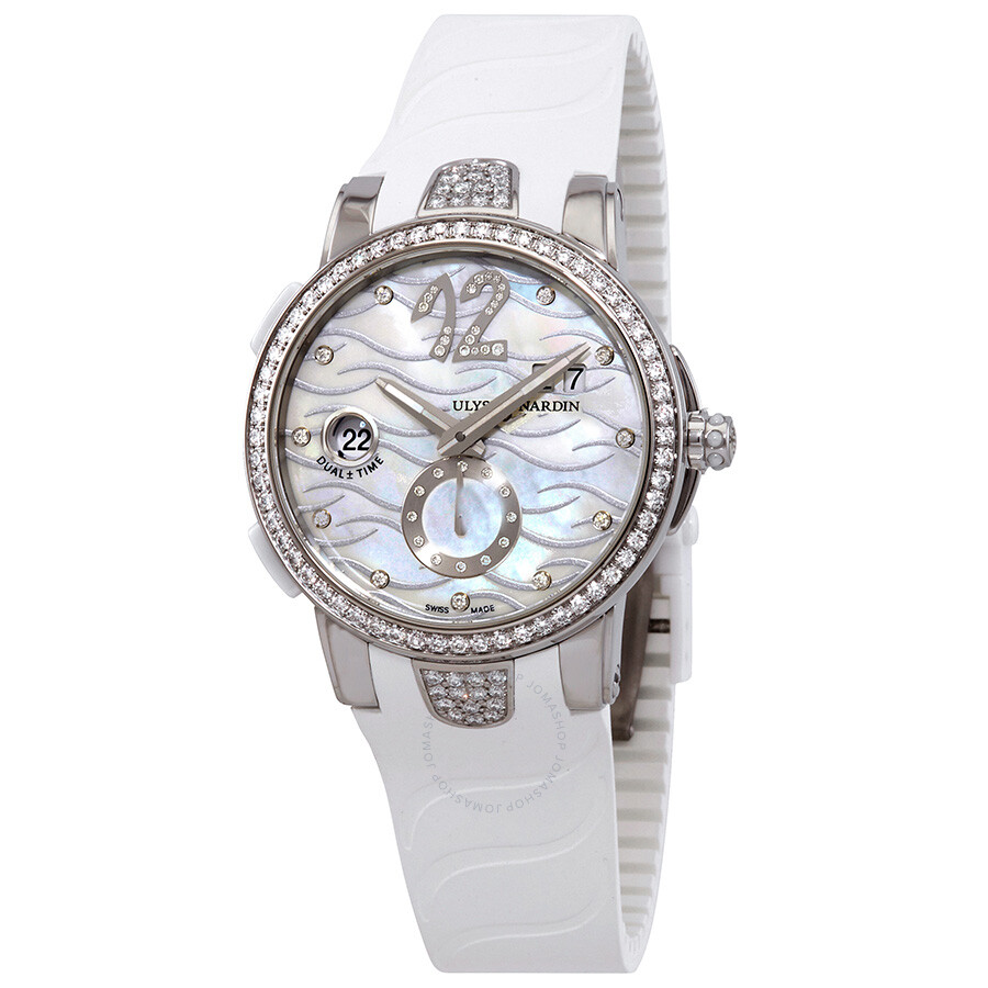 Ulysse Nardin Executive Dual Time Automatic Mother of Pearl Diamond Dial Ladies Rubber Watch 243-10B-3C/691